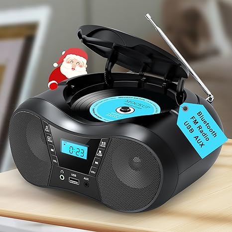 Boombox Portable CD Players for Home with Bluetooth, Boombox CD Player FM Radio Combo, Stereo Sound, AC/Battery Powered, CD/CD-R/RW Compatible, Support AUX/USB/Headphone, Sleep Timer, Repeatable