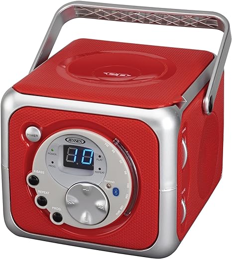 Jensen CD-555RS Red CD Bluetooth Boombox Portable Bluetooth Music System with CD Player +CD-R/RW & FM Radio with Aux-in & Headphone Jack Line-in Limited Edition- (Red)