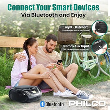 Load image into Gallery viewer, PHILCO Portable Bluetooth Boombox with CD Player | Compatible with MP3/WMA/CD-R/CD-RW | FM Radio | 3.5mm Aux Input | Stereo Sound | LED Display | AC/Battery Powered | Compact and Easy-to-Use
