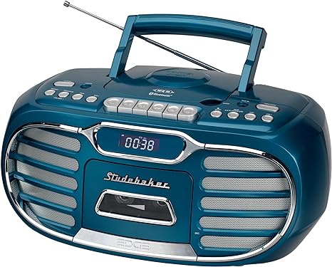 Retro Edge Big Sound Bluetooth Boombox with CD/Cassette Player-Recorder/AM-FM Stereo Radio (Blue)