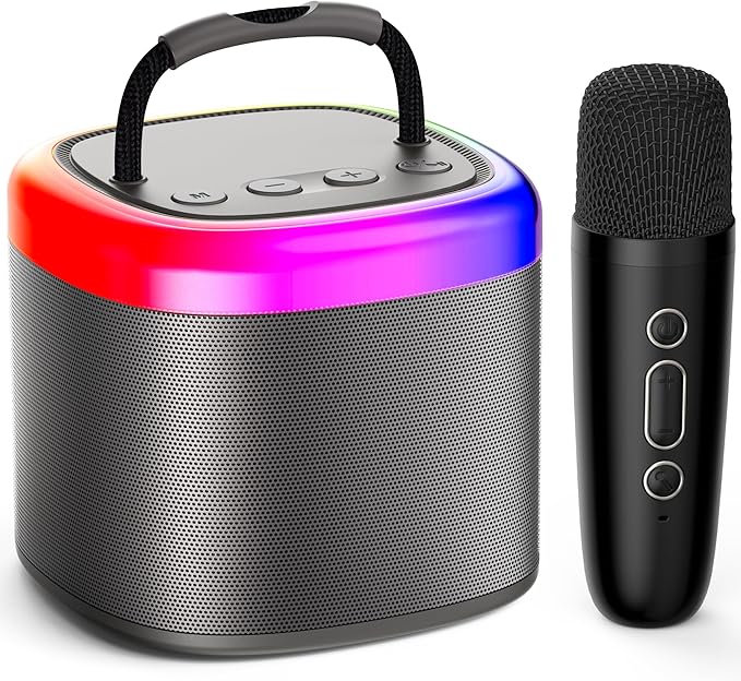 JYX Mini Karaoke Machine for Kids - Black Bluetooth Speaker Unpowered Cabinets with Party Lights and 1 Wireless Microphone, Great for Adults, Ideal for Family Home Parties and Birthday Gifts