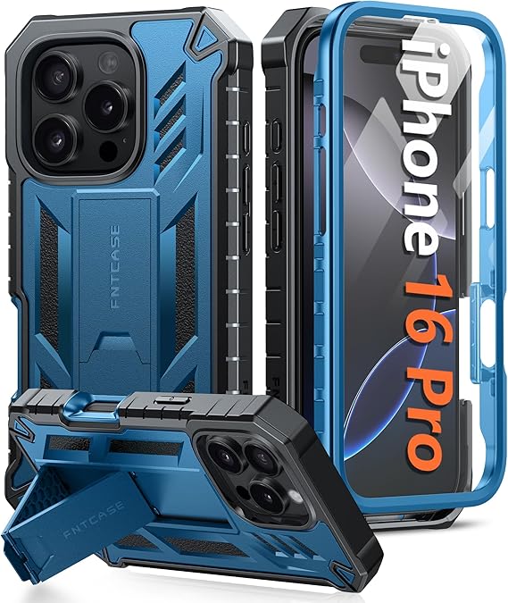 FNTCASE for iPhone 16 Pro Case: Military Grade Drop Proof Protection Mobile Cover with Kickstand | Matte Textured Rugged Shockproof TPU | Protective Sturdy Phone Case - 6.3 inch Blue
