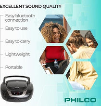 Load image into Gallery viewer, Philco Portable Bluetooth Boombox with CD Player | CD Player is Compatible with MP3/WMA/CD-R/CD-RW CDs | AM FM Radio with Bluetooth | 3.5mm Aux Input | Stereo Sound | LED Display | AC/Battery Powered
