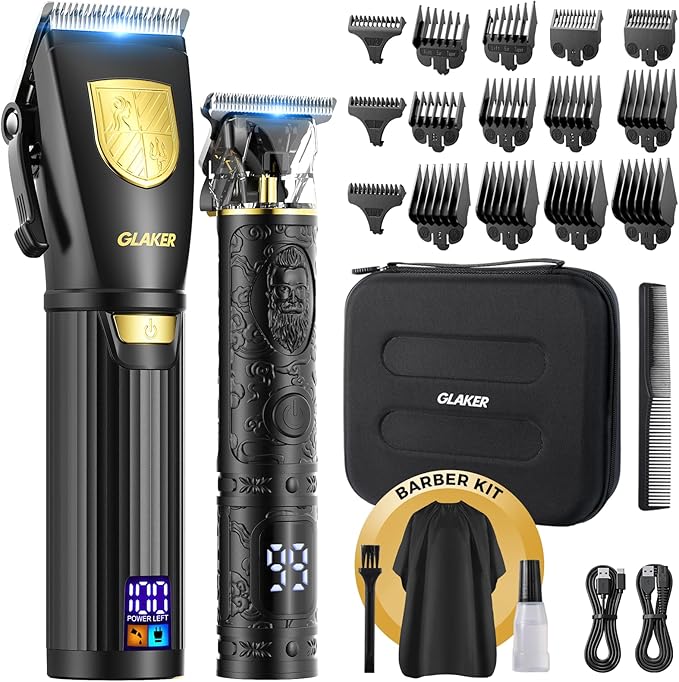 GLAKER Hair Clippers for Men Professional, Cordless Clippers for Hair Cutting, Mens Hair Clippers and Trimmer Kit for Barber with LED Display 15 Guide Combs