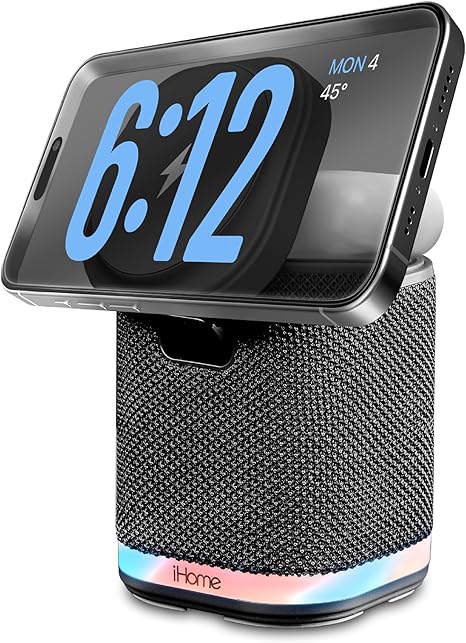 iHome Bluetooth Speaker with Wireless Charger, Charging Station with Color Changing Night Light - Dark Gray (iPBT50DG)