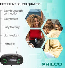 Load image into Gallery viewer, Philco Portable Bluetooth Boombox CD Player with AM FM Radio and USB Playback | Fun Lights |Stereo Sound | CD Player is Compatible with MP3/WMA/CD-R/CD-RW CDs | 3.5mm Aux Input | AC/Battery Powered
