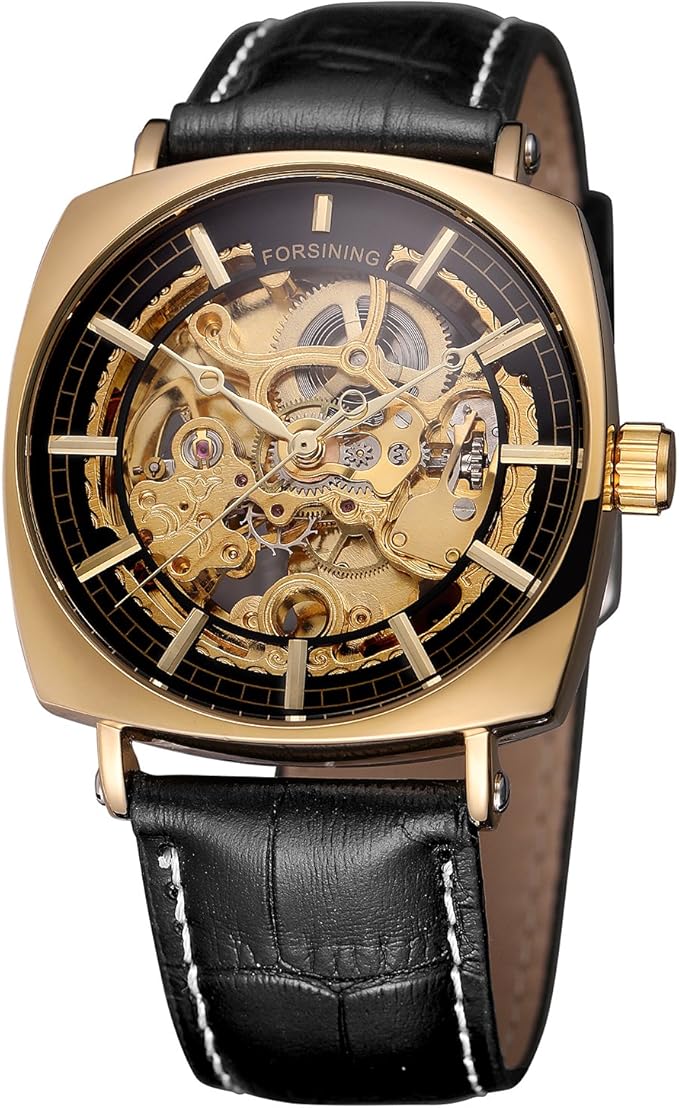 FORSINING Men's Mechanical Self-winding Skeleton Analogue Dial Trendy Watch with Leather Strap