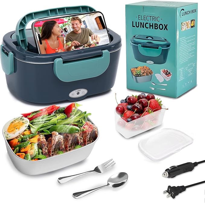 Electric Lunch Box Heated Lunch Box 80W Electric Lunch Box for Adults 12/24/110V Portable Food Warmer LunchBox with 304 Stainless Steel Container for Office/Car/Truck(1.5L)