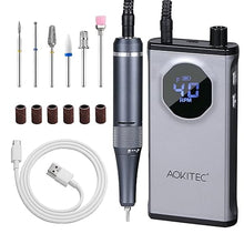 Load image into Gallery viewer, Aokitec Electric Nail Drill - 40000RPM Rechargeable Portable Nail Filer Machine with Nail Drill Bits Sanding Bands for Acrylic/Gel Nails Removal Manicure Pedicure Kit for Salon Home Use
