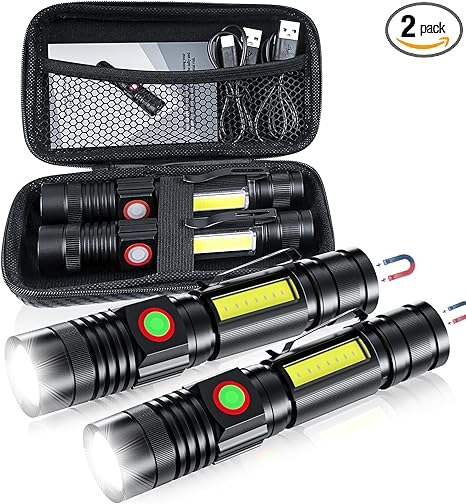 iToncs LED Flashlight Rechargeable, 2000 Lumens Super Bright Magnetic Flashlight with COB Work Light, Waterproof, 4 Modes, Pocket Tactical Flashlights 2 Packs Tactical Flashlights with Bag