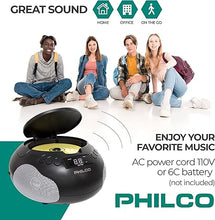 Load image into Gallery viewer, Philco Portable CD Player Boombox with Speakers and AM FM Radio | Black Boom Box Compatible with CD-R/CD-RW and Audio CD | 3.5mm Aux Input | Stereo Sound | LED Display | AC/Battery Powered
