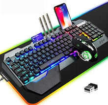 Load image into Gallery viewer, Wireless Gaming Keyboard Mouse &amp; Mouse Pad Kit,3 in 1 RGB Backlit Rechargeable Keyboard Mouse with 3800mAh Battery Metal Panel Removable Hand Rest,RGB Gaming Mousepad(32.5x12inch),Gaming Mouse
