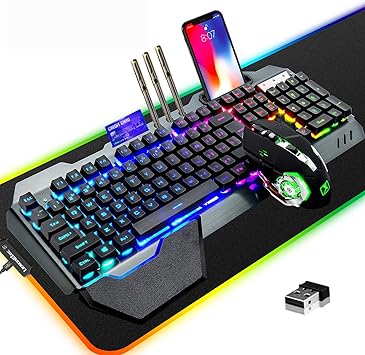 Wireless Gaming Keyboard Mouse & Mouse Pad Kit,3 in 1 RGB Backlit Rechargeable Keyboard Mouse with 3800mAh Battery Metal Panel Removable Hand Rest,RGB Gaming Mousepad(32.5x12inch),Gaming Mouse