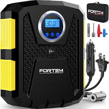 Load image into Gallery viewer, FORTEM Tire Inflator 150 PSI, Bike Pump, 110V AC 12V DC Air Pump for Car Tires, Digital Tire Pressure Gauge w/Auto Pump/Shut Off, Carrying Case (Yellow)
