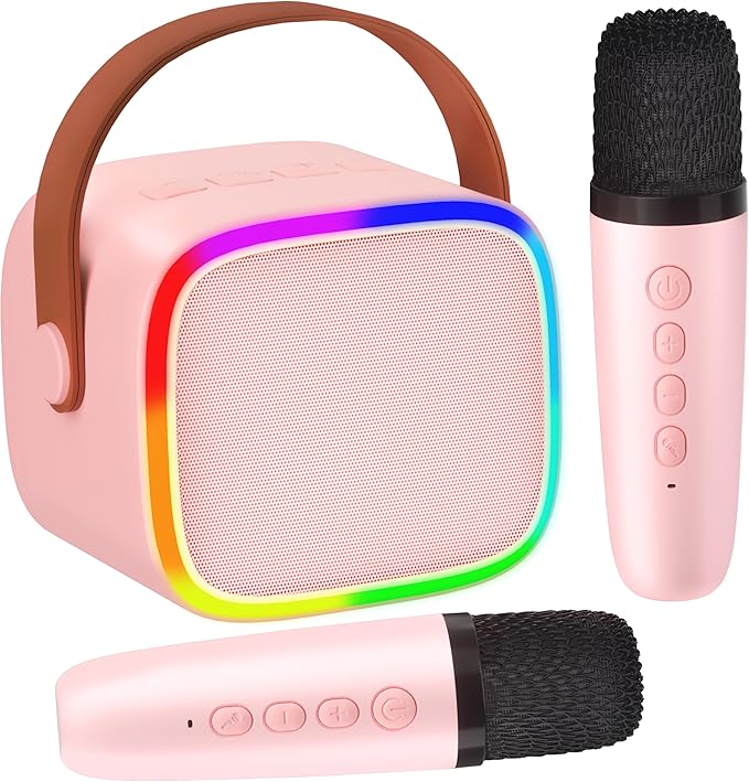 Mini Karaoke Machine for Kids with 2 Wireless Microphones, Kids Toys for Girls and Boys, Portable Bluetooth Speaker with LED Disco Lights for Home Party, Birthday Gifts for Girls Boys Kids(Pink)