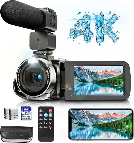 4K Video Camera, Camcorder with IR Night Vision, Digital Camera, 18X Digital Zoom, APP Connection, Vlogging Camera for YouTube, Video Camera, Built in Microphone, Remote, 3