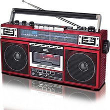 Load image into Gallery viewer, QFX J-220BT Red Boombox MP3 Conversion from Radio to Cassette with 4-Band (AM, FM, SW1, SW2) Radio with Bluetooth, Dual 3” Speakers, Built-in Microphone, Recorder, and a 3-Band Equalizer
