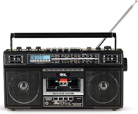 QFX J-220BT Boombox MP3 Conversion from Radio to Cassette with 4-Band (AM, FM, SW1, SW2) Radio with Bluetooth, Rechargeable Battery, Dual 3” Speakers, Built-in Microphone, Recorder, 3-Band Equalizer