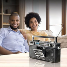 Load image into Gallery viewer, QFX J-220BT Boombox MP3 Conversion from Radio to Cassette with 4-Band (AM, FM, SW1, SW2) Radio with Bluetooth, Rechargeable Battery, Dual 3” Speakers, Built-in Microphone, Recorder, 3-Band Equalizer
