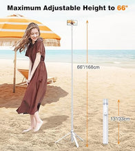 Load image into Gallery viewer, TONEOF 66" Automatic Tripod,Auto-Open Phone Tripod Stand with Magnetic Rechargable Remote,Selfie Stick Tripod 360° Vertical &amp; Horizontal Rotatable,Stable Travel Tripod for iPhone/Android(White)
