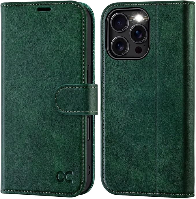 OCASE Compatible with iPhone 16 Pro Wallet Case, PU Leather Flip Folio Case with Card Holders RFID Blocking Kickstand [Shockproof TPU Inner Shell] Phone Cover 6.3 Inch 2024, Blackish Green