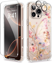 Load image into Gallery viewer, GVIEWIN for iPhone 16 Pro Max Case with Screen Protector &amp; Camera Lens Protector, [Military Grade Protection] Clear Shockproof Slim Floral Phone Cover for Women Girls 6.9" (Magic Butterfly)
