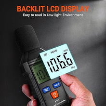 Load image into Gallery viewer, Digital Decibel Meter - Portable SPL Meter with Backlit LCD Display (35-130dB(A) Range) - MAX/MIN Data Hold - Digital dB Reader Meter for Home, Classroom, Workshop, and Office Use
