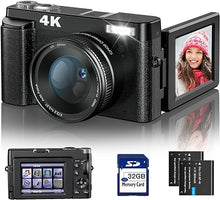 Load image into Gallery viewer, 4K Digital Camera for Photography and Video Autofocus Anti-Shake, 48MP Vlogging Camera with SD Card, 3&#39;&#39; 180° Flip Screen Compact Camera with Flash, 16X Digital Zoom Travel Camera (2 Batteries)
