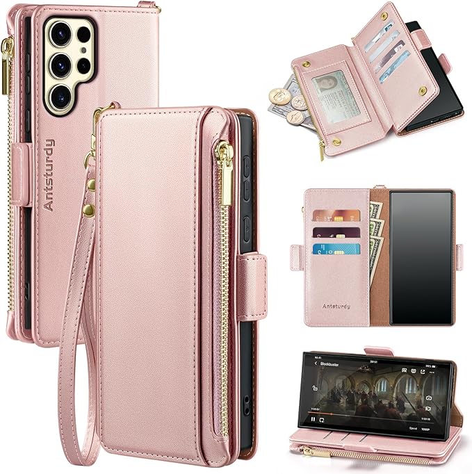 Antsturdy Compatible with Samsung Galaxy S25 Ultra Wallet Case with Card Holder,PU Leather Phone Case Flip Protective Cover RFID Blocking Wrist Strap Credit Card Slots Kickstand Men Women,Rose Gold