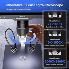 Load image into Gallery viewer, TOMLOV TriL110 10.1&quot; 3 Lens 2K HDMI Digital Microscope 2500X, Coin Microscope Magnifier for Entire Coins with IPS Screen, LCD Soldering Microscope for Adults, 14 LED Lights, PC/TV Compatible, 64GB

