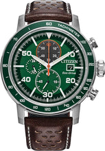Load image into Gallery viewer, Citizen Men's Eco-Drive Weekender Brycen Chronograph Watch in Stainless Steel, Brown Preforated Leather Strap, Green Bezel, Time/Date, 3 Hand, Green Dial (Model:CA0851-05X)

