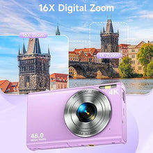 Load image into Gallery viewer, Digital Camera, Autofocus 48MP UHD 4K Vlogging Camera 16X Digital Zoom, Portable Compact Point and Shoot Digital Camera for Teens Adult Beginner with 32GB Card, 2 Batteries, Lanyard(Purple)
