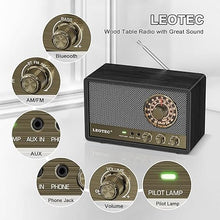 Load image into Gallery viewer, LEOTEC AM FM Radio,Retro Wood Table Radio,Portable Bluetooth Speaker Plug in Wall,Best Reception with AUX,Headphone Jack,Great for Home,Outdoor,Black
