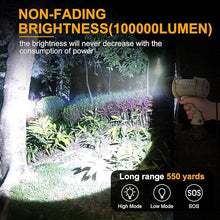 Load image into Gallery viewer, YIERBLUE Rechargeable Spotlight Flashlight with 1000,000 Lumen LED, IP67 Waterproof Long Running Spot Light searchlight, Impact Resistant Handheld Spotlight with Foldable Stand and Detachable Red Lens
