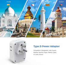 Load image into Gallery viewer, India Plug Adapter 2 Pack, TESSAN Type D Travel Adapter with 4 Outlets 3 USB Charger (1 USB C Port), US to India Plug Adapter for USA to Bangladesh, India, Kuwait, Maldives
