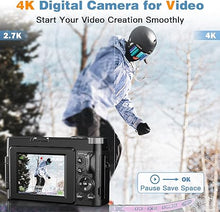 Load image into Gallery viewer, 4K Digital Camera for Photography and Video Autofocus Anti-Shake, 48MP Vlogging Camera with SD Card, 3&#39;&#39; 180° Flip Screen Compact Camera with Flash, 16X Digital Zoom Travel Camera (2 Batteries)
