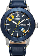 Load image into Gallery viewer, Citizen Eco-Drive Men's Disney Donald Duck Watch, Blue IP Stainless Steel on Blue Leather Strap, 3-Hand Day Date, Luminous, 44mm (Model: AW0075-06W)
