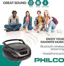 Load image into Gallery viewer, Philco Portable Bluetooth Boombox with CD Player | CD Player is Compatible with MP3/WMA/CD-R/CD-RW CDs | AM FM Radio with Bluetooth | 3.5mm Aux Input | Stereo Sound | LED Display | AC/Battery Powered
