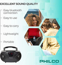 Load image into Gallery viewer, Philco Portable Bluetooth Boombox with CD and Cassette Player | Cassette Recorder | Connect to Headphones | CD Player is Compatible with MP3/WMA/CD-R/CD-RW CDs | 3.5mm Aux Input | AC/Battery Powered
