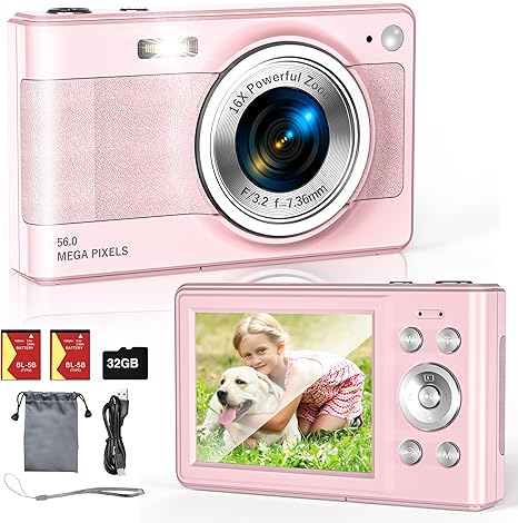 Upgrade Digital Camera, 56MP FHD 1080P Camera for Kids with 16x Zoom Anti Shake, Kid Camera with 32GB TF Card, Two Batteries, Lanyard, Compact Small Camera for Kids Boys Girls?Pink?