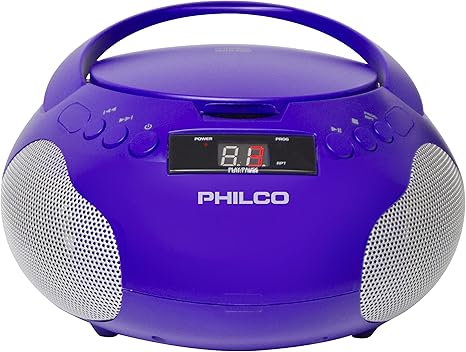 Philco Portable CD Player Boombox with Speakers and AM FM Radio | Purple Boom Box CD Player Compatible with CD-R/CD-RW and Audio CD | 3.5mm Aux Input | Stereo Sound | LED Display | AC/Battery Powered