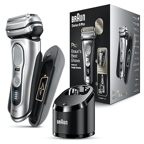 Braun Electric Razor for Men, Waterproof Foil Shaver, Series 9 Pro 9477cc, Wet & Dry Shave, with Portable Charging Case, ProLift Beard Trimmer, 5-in-1 Cleaning & Charging SmartCare Center, Silver