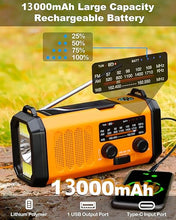 Load image into Gallery viewer, 13000mAh/48100mWh Emergency Weather Radio, 4 Way Powered AM/FM/NOAA Portable Solar Crank Radio, Dynamo Phone Charger,700LM LED Flashlight/Reading Lamp,SOS,Compass for Hurricane Storm Camping Survival
