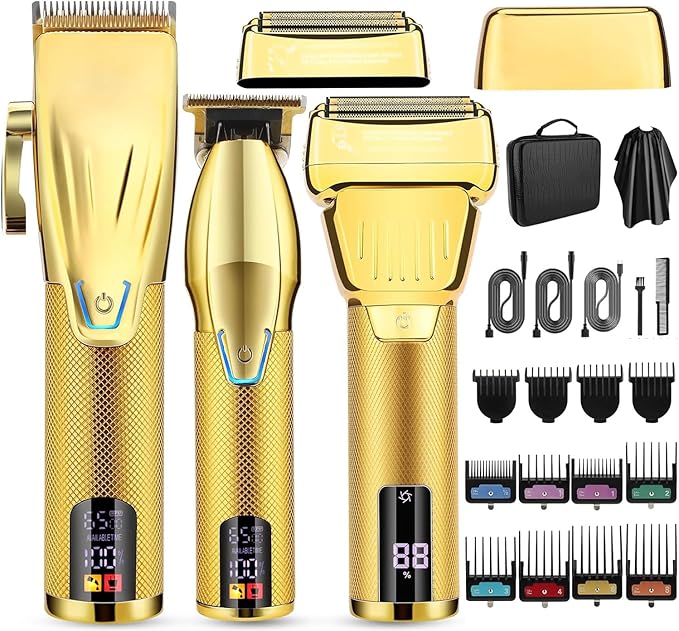 Suttik Professional Hair Clippers for Men, Cordless Beard Trimmer & Electric Shavers for Men, Mens Hair Clippers and Trimmer Set Hair Cutting Kit for Barber with Case, Gold