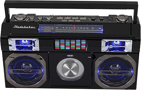 Studebaker SB2145B 80's Retro Street Bluetooth Boombox with FM Radio, CD Player, LED EQ, 10 Watts RMS Power and AC/DC