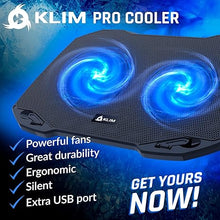 Load image into Gallery viewer, KLIM Pro Laptop Cooling Pad - NEW 2023 - Powerful Rapid Action Laptop Cooler - Sturdy Laptop Stand with Fan - Ventilador para laptop - Portable and Quiet - 2 USB Ports - PC Mac - 10-15.6&quot; - Black/Blue
