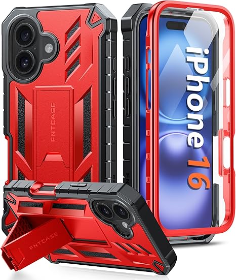 FNTCASE for iPhone 16 Phone Case: for iPhone 16 case with Kickstand Shockproof Military Grade Protective Cover - Dual Layer Full Protection Sturdy Matte Textured Drop Proof - 6.1 Inch Red