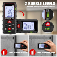 Load image into Gallery viewer, Laser Measure 328ft, Charcity Laser Distance Meter 100M(M/in/F) with 2 Bubble Levels, Mute Function IP54 Waterproof Large LCD Backlit, for Pythagorean Mode, Measuring Distance, Area, Volume
