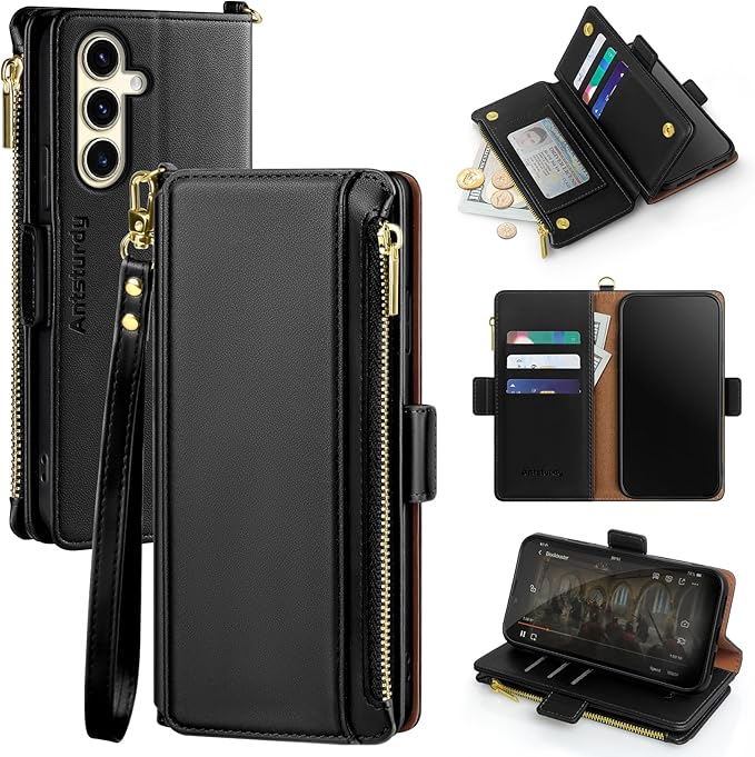 Antsturdy Compatible with Samsung Galaxy S25 Wallet Case with Card Holder,PU Leather Phone Case Flip Protective Cover RFID Blocking Wrist Strap Credit Card Slots Kickstand Men Women,Black