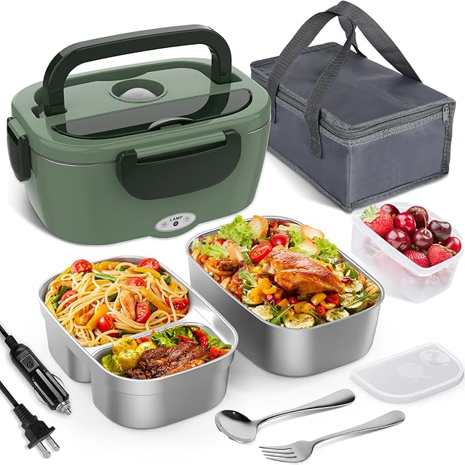 Vabaso Electric Lunch Box for Adults, 80W 1.5L Heated Lunch Box Portable Food Warmer Lunch Box for Work/Men/Car/Truck with 2 304 Stainless Steel Container, 110V/12V/24V